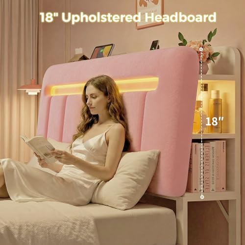 Jocoevol Queen Bed Frame with Storage Headboard,Upholstered Princess Bed Frame Queen Size with Storage Drawers and Charging Station,Velvet Platform Metal Bed, Noise-Free, No Box Spring Needed