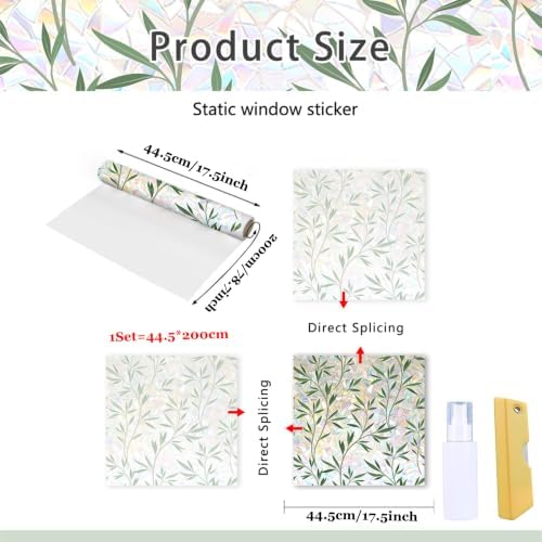 Rainbow Window Privacy Film, Green Vines Static Glass Clings 17.5" x 78.7"