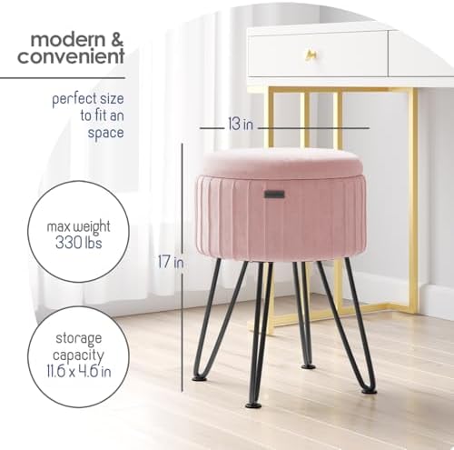 Round Ottoman with Storage, Pleated Velvet Storage Ottoman, Foot Stool Ottomans, Makeup Vanity Stool, Small Ottomans Foot Rest, Modern Vanity Stools for Living Room and Bedroom, Pink