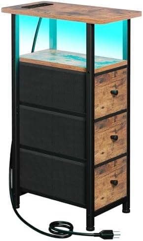 LOAKEKEL Narrow End Table with Charging Station, Small Nightstand