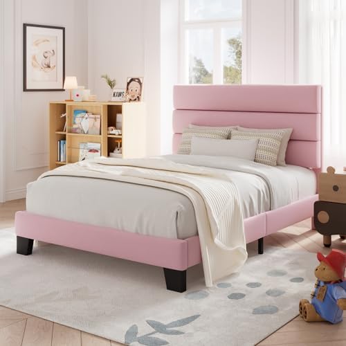 Allewie Twin Size Platform Bed Frame with Velvet Upholstered Headboard Pink
