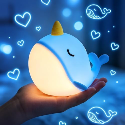 Fuloon Narwhal Night Light, 3-Level Dimming Silicone Touch Lamp with Rechargeable Battery & Timer, Cute Squishy Unicorn Whale Desk Decor, Funny White Elephant Gift for Adults Teens Kids (Blue)