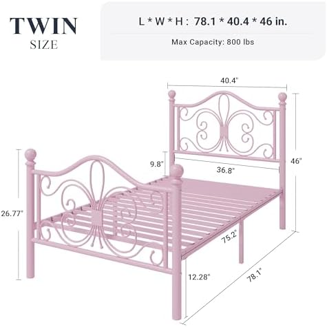 Allewie Metal Twin Platform Bed Frame, Butterfly Pattern Design, Pink