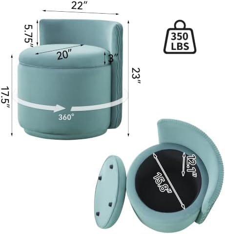 Large Velvet Vanity Chair, 360° Swivel Makeup Chair with Storage, Teal
