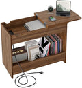 TIQLAB Flip Top End Table with Hidden Charging Station, 23 inch Side Table with Rounded Corner Design, Narrow Nightstand with Wood Shelf, Bedside Table for Living Room Bedroom, Walnut