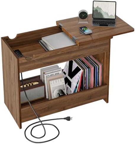 TIQLAB Flip Top End Table with Hidden Charging Station, 23 inch Side Table with Rounded Corner Design, Narrow Nightstand with Wood Shelf, Bedside Table for Living Room Bedroom, Walnut