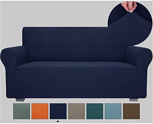 JIVINER High Stretch Couch Covers for 3 Cushion Couch 1-Piece Jacquard Elastic Sofa Slipcovers Anti Slip Sofa Cover with Elastic Bottom Furniture Protector for Kids Pets (Navy Blue, Sofa)