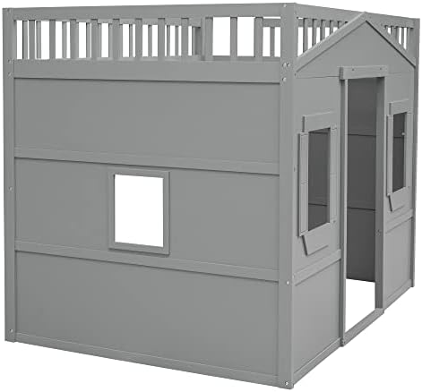 Bellemave Full Size Loft Bed with Play House Shape, Loft Bed Frame with Windows, Entertainment Space and Ladders for Kids, Boys, Girls and Teens, No Spring Needed (Gray)