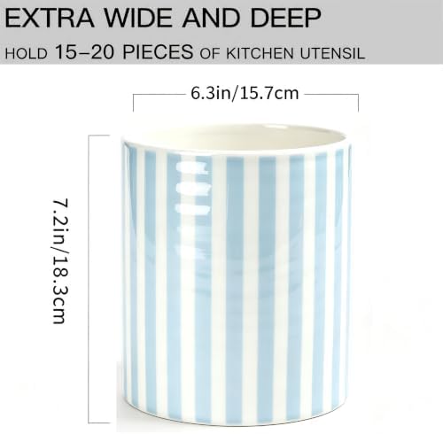 Kitchen Utensil Holder,7.2-inch Extra Large Ceramic Stripes Pattern Utensil Crock,Cooking Utensil Organizer for Kitchen Counter Decor,Storage Caddy Farmhouse Gift Light Blue