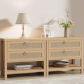 Eclatara Large Rattan Night Stand Set of 2: Boho Nightstand with Drawers and Storage Shelf, Natural Oak Bedside Table End Table Side Table for Bedroom(Natural Oak,2 Pieces)