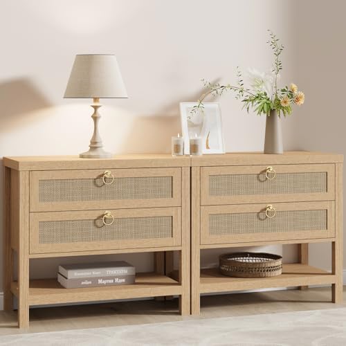 Eclatara Large Rattan Night Stand Set of 2: Boho Nightstand with Drawers and Storage Shelf, Natural Oak Bedside Table End Table Side Table for Bedroom(Natural Oak,2 Pieces)