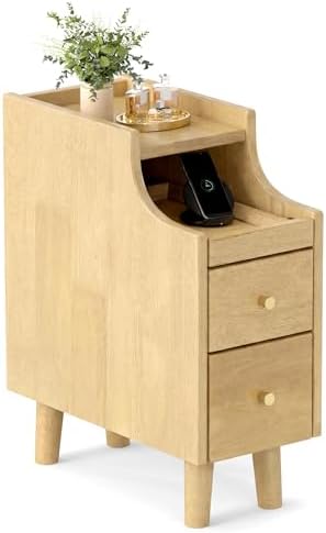KOMFOTT Narrow Nightstand with Drawers, Solid Wood Bedside Table with Pull-Out Tray & 2 Storage Drawers, Slim Sofa End Table with Cable Management for Small Spaces, Bedroom (Natural,8" x 16" x 20",1)