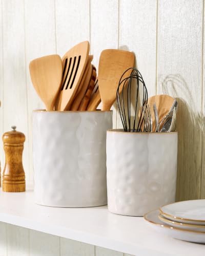 famiware Ceramic Utensil Holder, 7.2"+5.8", Set of 2, Cappuccino White