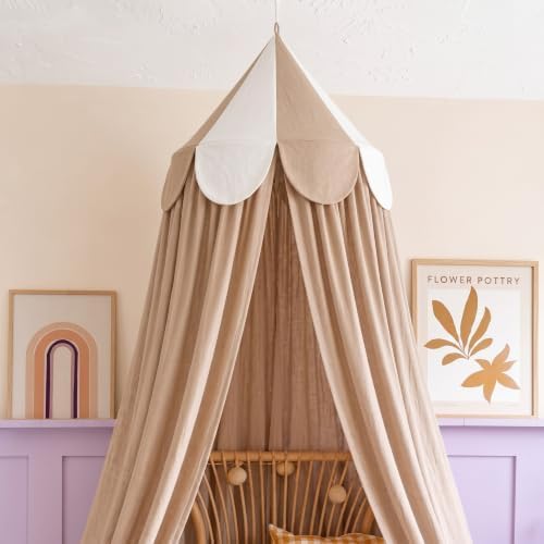 Bed Canopy with Scalloped Edge, 2 Panel Striped, Khaki