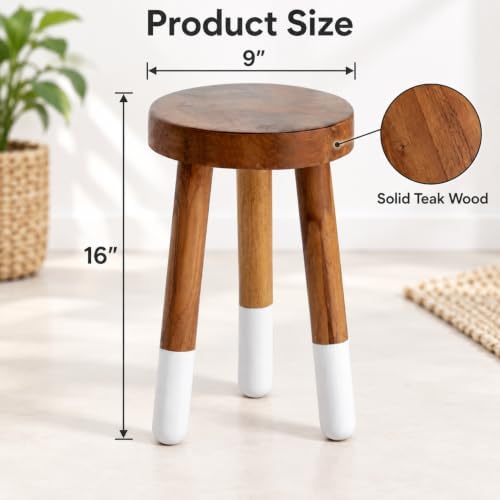 Teak Wood 9" Round Plant Stand |Dip Dyed Plant Stand |Accent Stool |Milking Stool |Bath Stool |Small Side Table (16" Tall White)