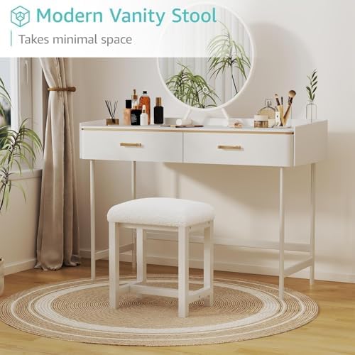 Small Faux Teddy Fur Vanity Stool, Cute Vanity Stools with Cushion, White Makeup Vanity Chair for Small Spaces, Living Room, Bedroom, Bathroom, Entryway, Ottoman Foot Rest for Couch Sillas Modern