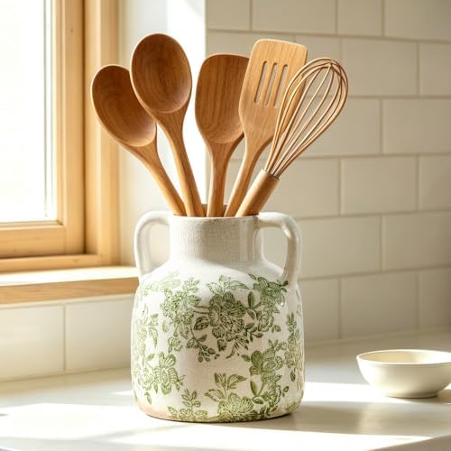 Vintage Vase with Handles, Ceramic Utensil Holder, Flower Decorative Vase Chinoiserie Decor Rustic Farmhouse Retro Floral Vases for Table Bookshelf Mantel Kitchen Living Room Office - 6.7” Green 017