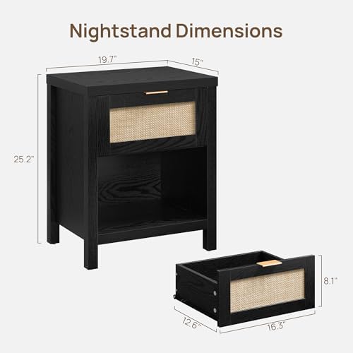 SICOTAS Black Rattan Nightstand Farmhouse Night Stands with Drawer