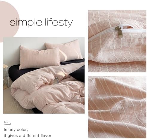 Vintage Pink Striped Full Duvet Cover 3Pcs Cottagecore Textured Bedding Set
