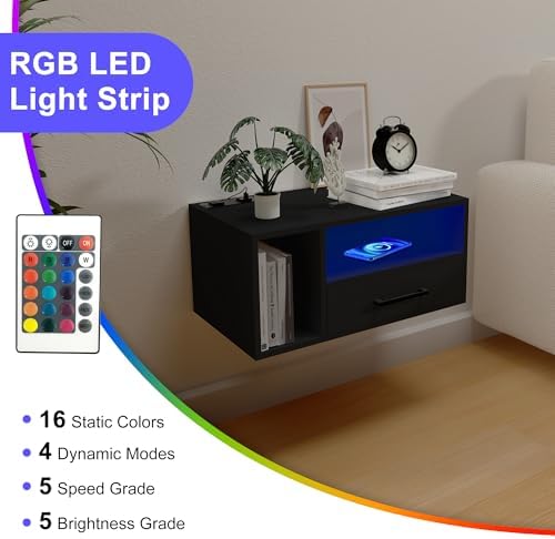 Homaterial Floating Nightstand with Charging Station & Lights, Black