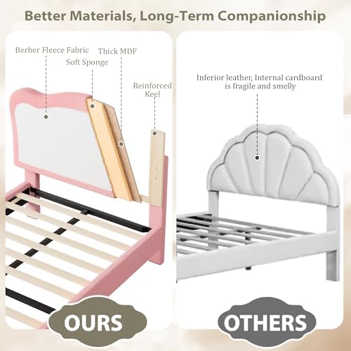 Garvee Full Bed Frames for Kids with Soft headboard, Velvet Low Bed Frame for Girls, Boys, No Box Spring Needed, Wooden Slats, Noise Free, Sturdy, Easy Assembly, Pink, White