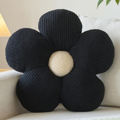Flower Pillow, Decorative Throw Pillow for Couch, Cute Decor Pillows for Bed, Aesthetic Flower Shaped Pillow Fun Cushion (Black, 14.9 Inches)