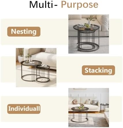 Garden 4 you Nesting Coffee Table, 23.6" Round Coffee Table Set of 2, Glass Nesting Table with Metal Frame, Ceter Tables for Living Room Bedroom Balcony, Grey