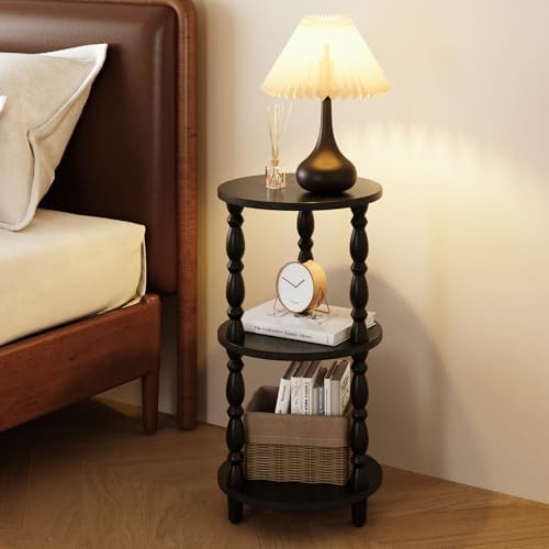 Yoobure Small Round Side Table - 3-Tier End Table with Storage Shelf, Narrow Bedside Table Nightstand for Bedroom, Accent End Tables Living Room, Wood Side Tables for Small Spaces, Office, Black