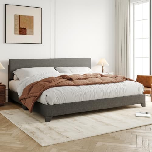 Allewie King Size Upholstered Bed Frame Adjustable Headboard, Dark Grey