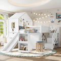 Full Size Playhouse Low Loft Bed with Slide Storage Drawers Stair Shelves Pull Out Desk (White, Full)