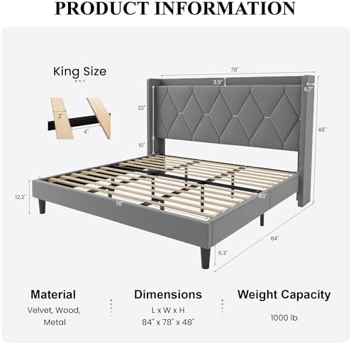 SHA CERLIN King Size Bed Frame with Storage Headboard & Charging Station