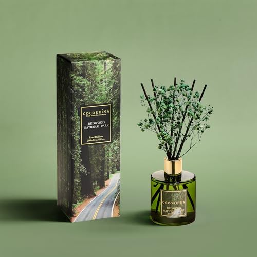 COCORRÍNA Reed Diffuser - Redwood National Park 6.7 Fl.oz Reed Diffuser Set with 8 Sticks & Preserved Baby's Breath, Reed Diffuser for Home Bathroom Shelf Decor