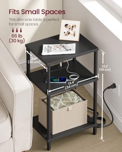 VASAGLE Side Table with Charging Station, 3-Tier Small Tall End Table