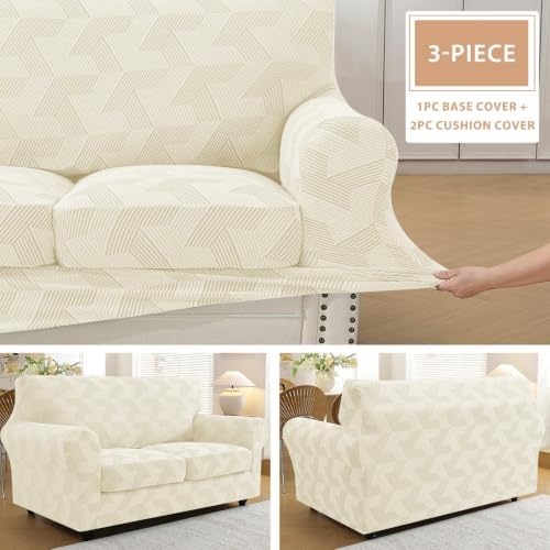 ZNSAYOTX 3 Piece Stretch Loveseat Covers (55"-71") New-Rectangle Texture, Thick Sofa Covers for 2 Cushion Couch Universal Sofa Slip Cover with Elastic Bottom & Buckle, Soft Protector Beige