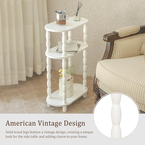 MaxSmeo Narrow Side Table, Small End Table with 3-Tier Open Shelf, White