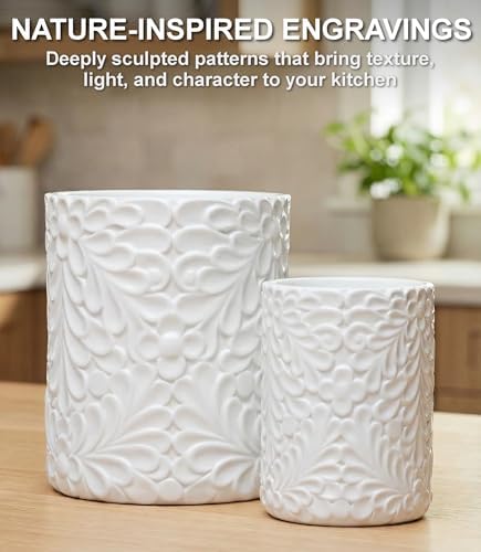 2-Piece Engraved Ceramic Utensil Holder Set for Kitchen, 7.3 & 5.4 Inch