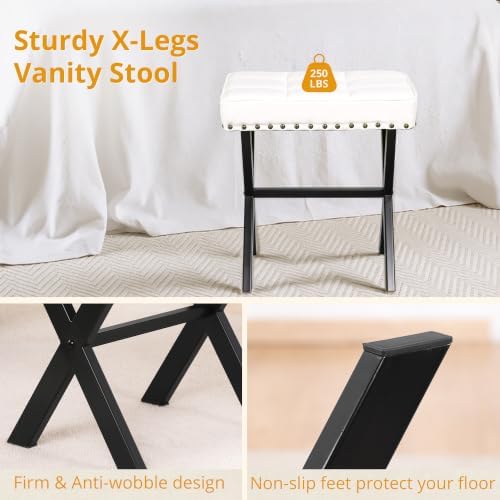 LUE BONA White Vanity Stool - Square Faux Leather Makeup Seat With Metal X Legs, Small Ottoman Chair for Makeup Room, Living Room, Bathroom - Padded Foot Rest