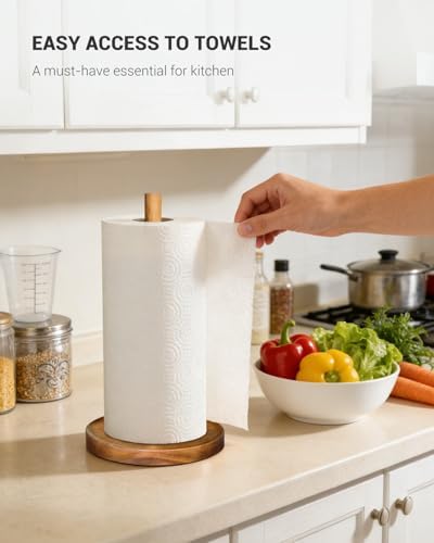 NESAPTO Paper Towel Holder Countertop, Wooden Standing Paper Towel Roll Stand for Rustic Farmhouse & Cottagecore Decor, Kitchen Bathroom Essential, Brown