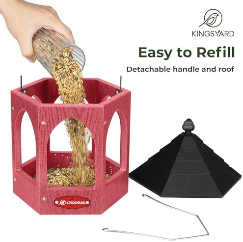 Kingsyard Platform Bird Feeder for Outdoor Hanging - Gazebo Style Recycled Plastic Wild Bird Feeding Station with Rain-Proof Roof & Metal Mesh Tray. Red