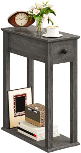 CHOEZON Farmhouse End Table, 2-Tier Narrow Side Table with Drawer, Wooden Nightstand, for Small Space, Living Room, Bedroom