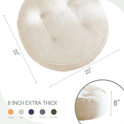 HIGOGOGO 8" Extra Thick Floor Pillow Cushion for Adults, Meditation Cushion Pillow, Large Round Floor Sitting, Tufted Corduroy Cover, for Tatami Living Room or Yoga, 22x22 Inch, Beige