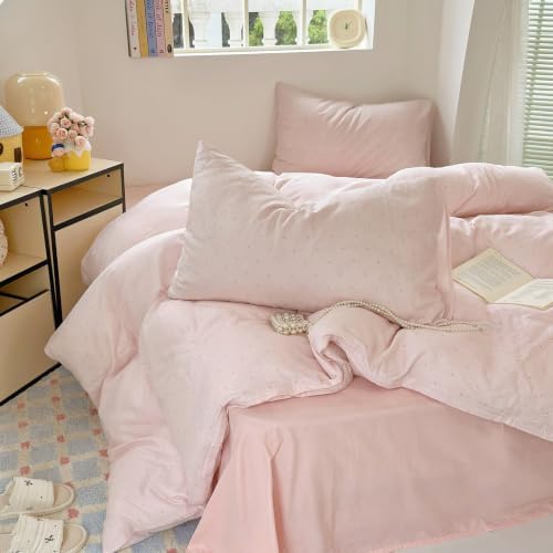 3 Pcs Pink Polka Dot Duvet Cover King, Cotton Double Gauze, Zipper & Ties