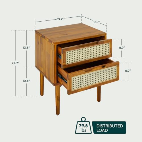 Bme Oliver Solid Wood Rattan Nightstand, Bohemian & Mid Century, Caramel