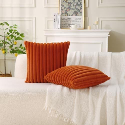 Decorative Throw Pillow with Inserts, Set of 2 Soft Faux Fur Throw Pillows, Square Boho Striped Pillow for Couch, Bed, Sofa Decor (Brownish-Orange, 16" x 16"(Pack of 2))
