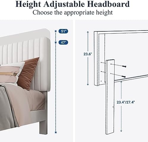 Allewie Queen Bed Frame, Velvet Upholstered Platform Bed with Adjustable Vertical Channel Tufted Headboard, Mattress Foundation with Strong Wooden Slats, Box Spring Optional, Easy Assembly, Off-White