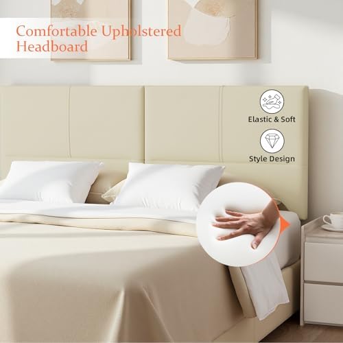 Upholstered Headboard Queen Size, Solid Wood Head Board with Sturdy Metal Legs, Leather Bed Headboard with Height Adjustable, Beige