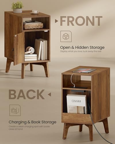 VASAGLE End Table with Charging Station, Narrow Side Table, Nightstand