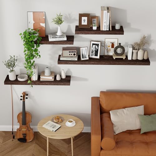 Axeman Floating Shelves, 8 Inch Deep Rustic Solid Wood Wall Shelves for Storage, Wall Mounted Display Shelving with Invisible Heavy-Duty Metal Bracket, 48" W x 8" D x 1.6" H, Rustic Brown