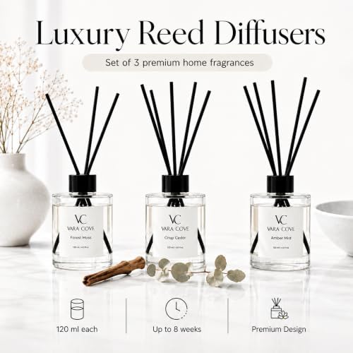 Reed Diffuser Set 3 Pack Premium Reed Diffusers Amber Mist, Crisp Cedar & Forest Moss Scents Long Lasting Home Fragrance Gift Set for Bathroom, Home & Office