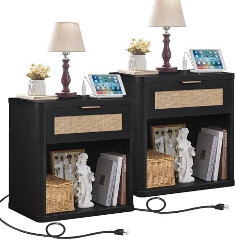 LEYAOYAO Rattan 23" Nightstands Set of 2 with Charger for Bedroom